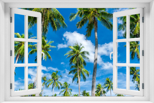 Fototapeta Naklejka Na Ścianę Okno 3D - Tropical paradise background. Palmtrees and blue sky at summer
