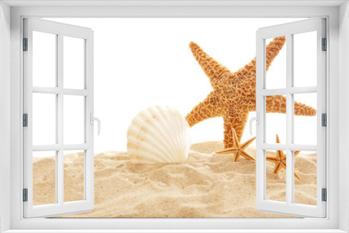 Fototapeta Naklejka Na Ścianę Okno 3D - Starfish and shells on sand against white background