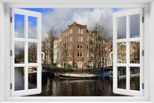 Fototapeta Naklejka Na Ścianę Okno 3D - View of Amsterdam canal, typical dutch houses and boats, Holland, Netherlands.