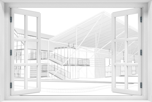 Fototapeta Naklejka Na Ścianę Okno 3D - Perspective 3D render of interior wireframe. blueprint background (my own design)
