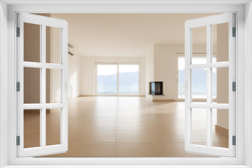 interior of new apartment, empty living room, tiled floor