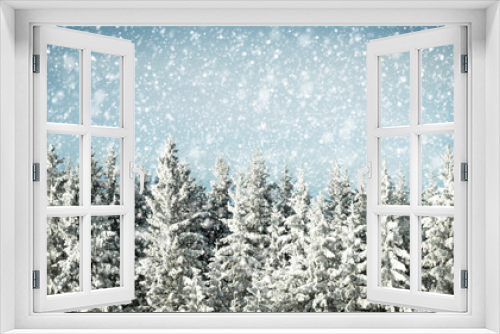 Fototapeta Naklejka Na Ścianę Okno 3D - Winter background with forest and snow