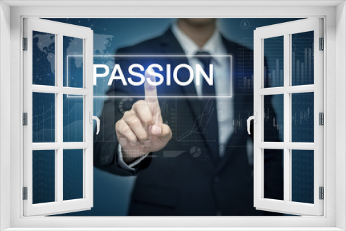 Businessman hand touching PASSION button on virtual screen