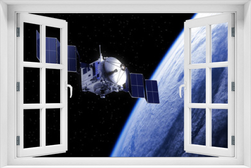 Fototapeta Naklejka Na Ścianę Okno 3D - Satellite Deploys Solar Panels In Space