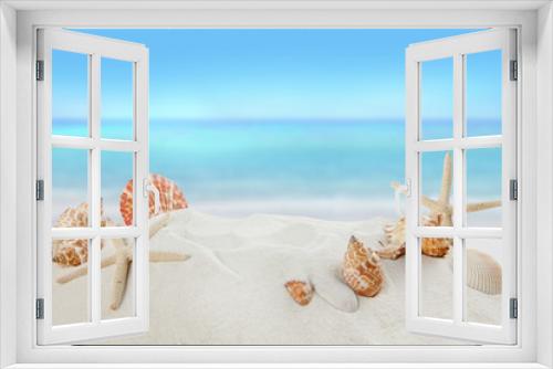 Fototapeta Naklejka Na Ścianę Okno 3D - shells on sandy beach, Summer concept 