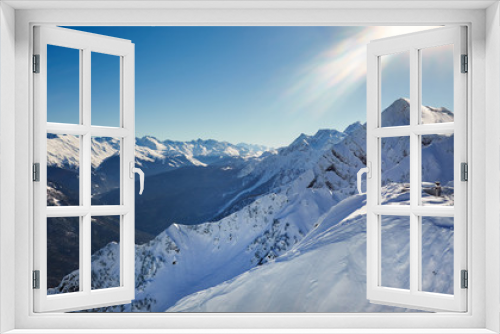 Fototapeta Naklejka Na Ścianę Okno 3D - Winter mountains panorama with ski slopes. Caucasus