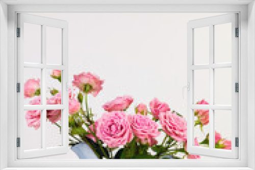 Fototapeta Naklejka Na Ścianę Okno 3D - Pink flowers in blue jug. Roses in jug.