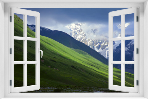 Fototapeta Naklejka Na Ścianę Okno 3D - Beautiful view of rural alpine landscape. Sunny hills under cloudy sky. Upper Svaneti, Georgia, Europe. Caucasus mountains. Beauty world.