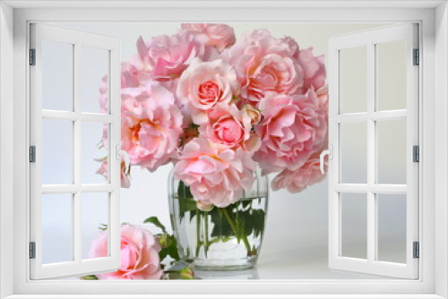 Fototapeta Naklejka Na Ścianę Okno 3D - Bouquet of pink roses in a vase. Romantic floral still life with pink roses.