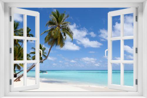 Fototapeta Naklejka Na Ścianę Okno 3D - Maldives, a tropical island with palm trees and a view over the ocean
