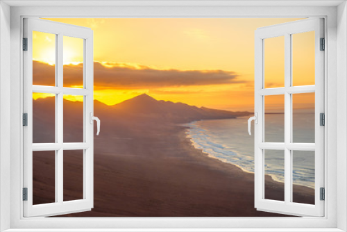 Fototapeta Naklejka Na Ścianę Okno 3D - Top view on Cofete beach and mountains on Jandia peninsula on Fuerteventura island on the sunset in Spain