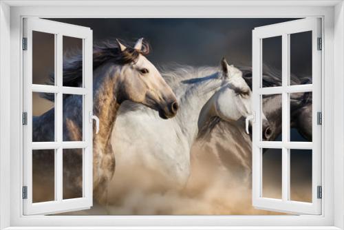 Fototapeta Naklejka Na Ścianę Okno 3D - Horses with long mane portrait run gallop in desert dust