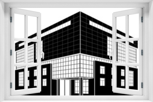 Fototapeta Naklejka Na Ścianę Okno 3D - silhouette office building with an entrance and reflection