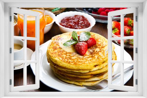 Fototapeta Naklejka Na Ścianę Okno 3D - stack of freshly prepared traditional pancakes with strawberries