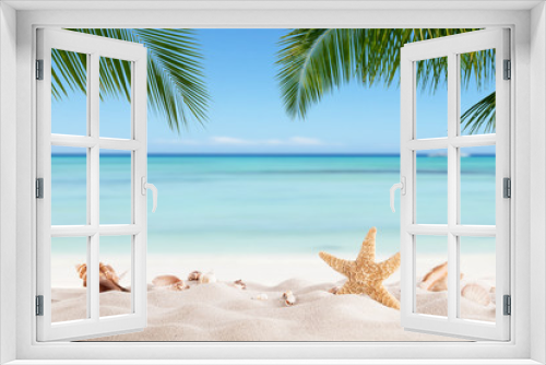 Fototapeta Naklejka Na Ścianę Okno 3D - Summer sandy beach with blur ocean on background