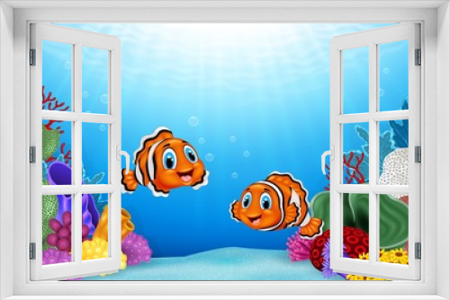 Fototapeta Naklejka Na Ścianę Okno 3D - Cartoon Clown Fish with beautiful underwater world