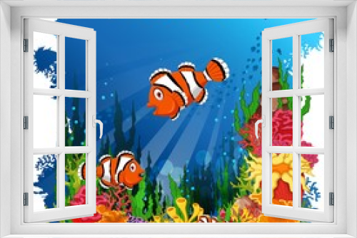 Fototapeta Naklejka Na Ścianę Okno 3D - clown fish cartoon with coral background