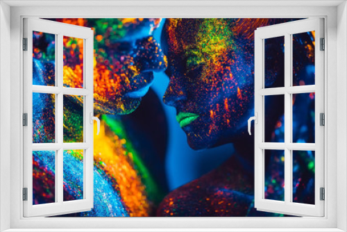 Fototapeta Naklejka Na Ścianę Okno 3D - People are colored fluorescent powder. a pair of lovers dancing