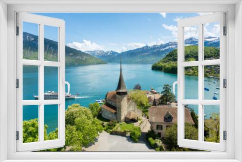 Fototapeta Naklejka Na Ścianę Okno 3D - Spiez castle with cruise ship on lake Thun in Bern, Switzerland