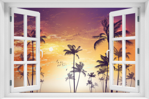 Fototapeta Naklejka Na Ścianę Okno 3D - Exotic tropical palm tree landscape   at sunset or moonlight,  with cloudy sky. Highly detailed  and editable