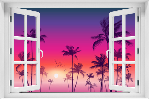 Fototapeta Naklejka Na Ścianę Okno 3D - Exotic tropical palm tree landscape   at sunset or moonlight,  with cloudy sky. Highly detailed  and editable