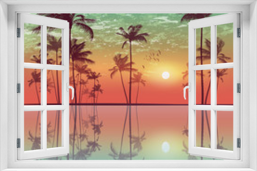 Fototapeta Naklejka Na Ścianę Okno 3D - Exotic tropical palm trees  at sunset or moonlight, with cloudy sky and reflection in water