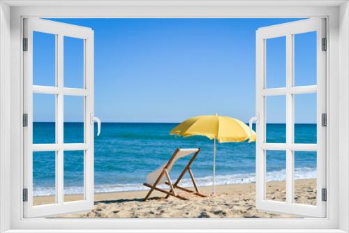 Fototapeta Naklejka Na Ścianę Okno 3D - Back View Of Deckchair, Sun Lounger Under Umbrella On Sand Beach. 
