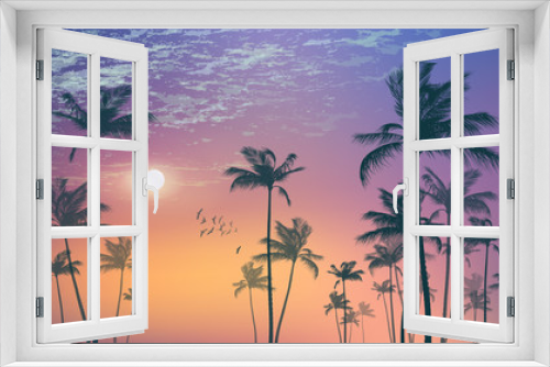 Fototapeta Naklejka Na Ścianę Okno 3D - Exotic tropical palm trees  at sunset or moonlight, with cloudy sky. Highly detailed  and editable
