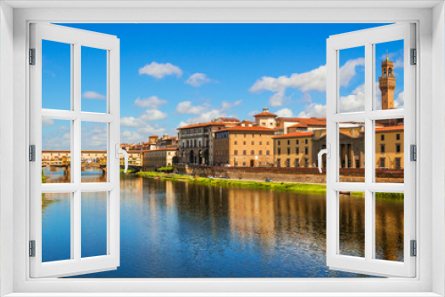 Fototapeta Naklejka Na Ścianę Okno 3D - Florence, Ponte Vecchio bridge over river Arno and Palazzo Vecchio (Tuscany, Italy)