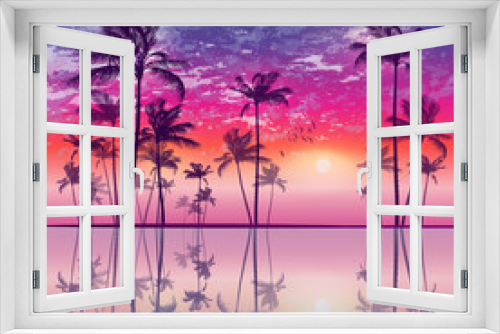 Fototapeta Naklejka Na Ścianę Okno 3D - Tropical palm trees  at sunset, with cloudy sky. Highly detailed and editable