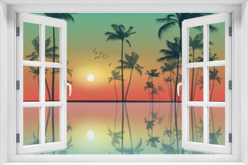 Fototapeta Naklejka Na Ścianę Okno 3D - Tropical palm trees  at sunset. Highly detailed and editable