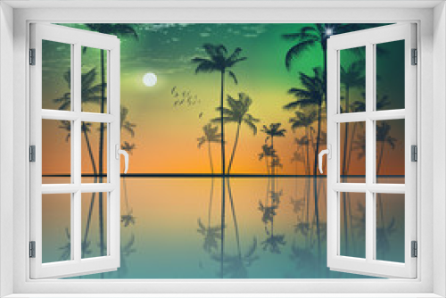 Fototapeta Naklejka Na Ścianę Okno 3D - Island of tropical palm trees  at sunset or moonlight, with clou