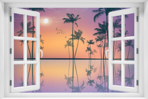 Fototapeta Naklejka Na Ścianę Okno 3D - Landscape with  tropical palm trees  at sunset or moonlight, wit