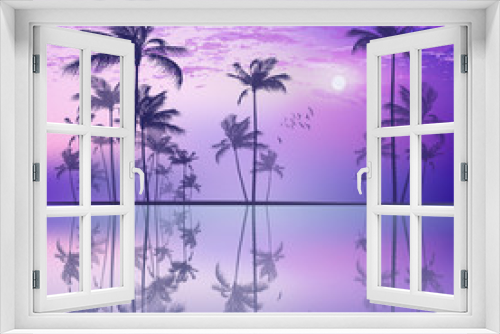 Fototapeta Naklejka Na Ścianę Okno 3D - Exotic tropical palm tree landscape   at sunset or moonlight, wi