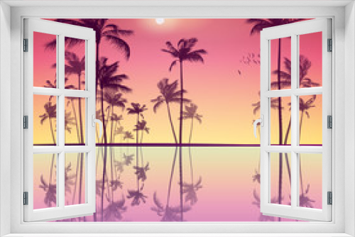 Fototapeta Naklejka Na Ścianę Okno 3D - Landscape of tropical palm trees  at sunset or moonlight, with r