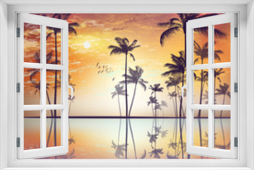 Fototapeta Naklejka Na Ścianę Okno 3D - Exotic tropical palm trees  at sunset or moonlight, with cloudy