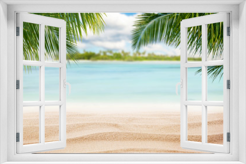 Fototapeta Naklejka Na Ścianę Okno 3D - Sandy tropical beach with island on background