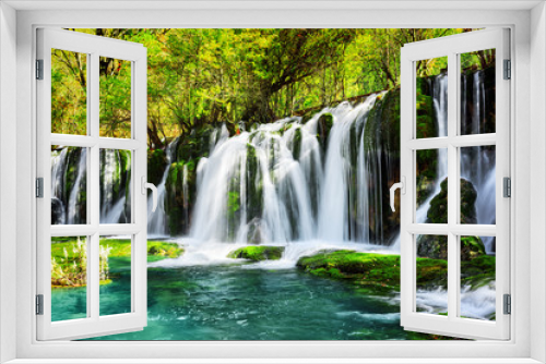 Fototapeta Naklejka Na Ścianę Okno 3D - Amazing waterfall and azure lake with crystal clear water