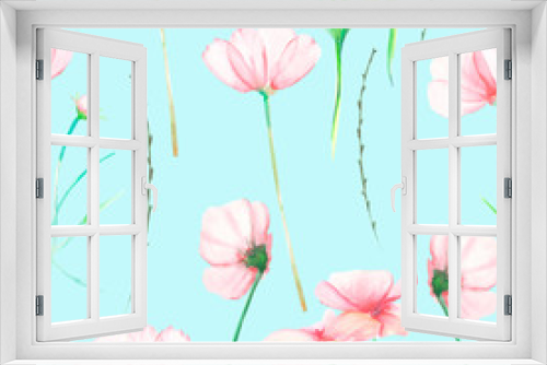 Fototapeta Naklejka Na Ścianę Okno 3D - A seamless floral pattern with watercolor hand-drawn tender pink cosmos flowers, painted on a mint background