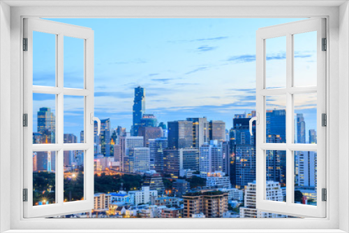 Fototapeta Naklejka Na Ścianę Okno 3D - city center of Bangkok wooden floor. Panoramic and perspective view background of glass high rise building skyscraper commercial of future. Business concept of success industry tech architecture