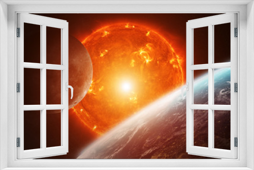 Fototapeta Naklejka Na Ścianę Okno 3D - Exploding sun in space close to planet