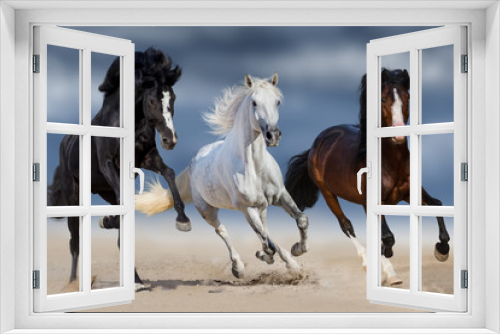 Fototapeta Naklejka Na Ścianę Okno 3D - Three horse with long mane run gallop in sand