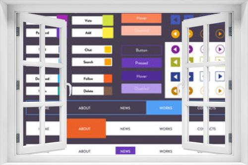 Colorful flat ui kit with web mobile design elements, menu bars, butons state