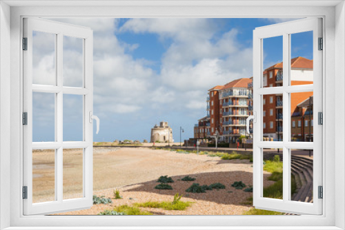 Fototapeta Naklejka Na Ścianę Okno 3D - Sovereign harbour beach, Eastbourne, East Sussex, view of the houses near harbour, selective focus