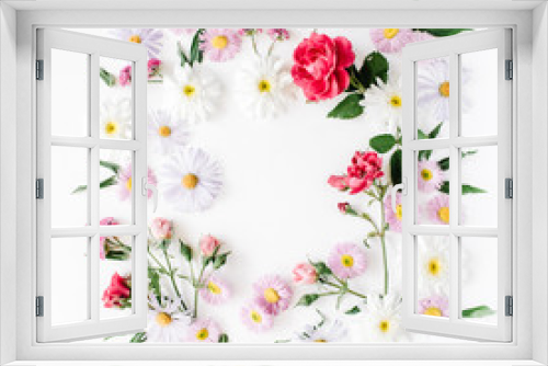 Fototapeta Naklejka Na Ścianę Okno 3D - round frame wreath pattern with roses, pink flower buds, branches and leaves isolated on white background. flat lay, top view