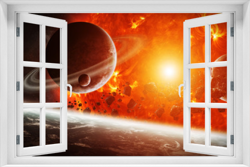 Fototapeta Naklejka Na Ścianę Okno 3D - Exploding sun in space close to planet
