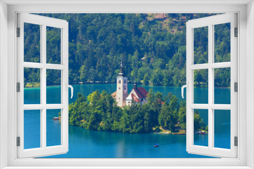Fototapeta Naklejka Na Ścianę Okno 3D - Aerial view on the island on emerald alpine lake Bled, Slovenia – nature travel background