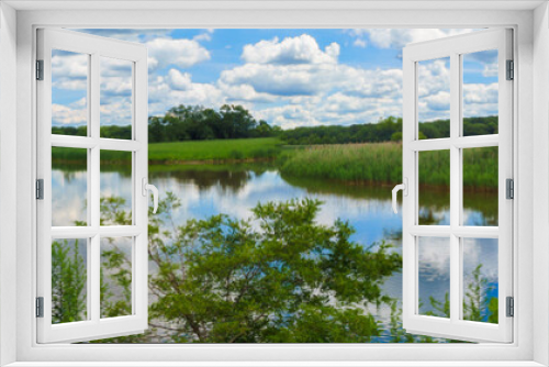 Fototapeta Naklejka Na Ścianę Okno 3D - Green trees by the lake sunny day, with clouds on the sky