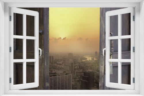 Fototapeta Naklejka Na Ścianę Okno 3D - abstract old window open to city view of bangkok - can use to display or montage on products