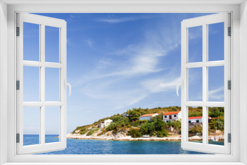 Fototapeta Naklejka Na Ścianę Okno 3D - Seascape with beautiful island and with cozy homes, blue sky and